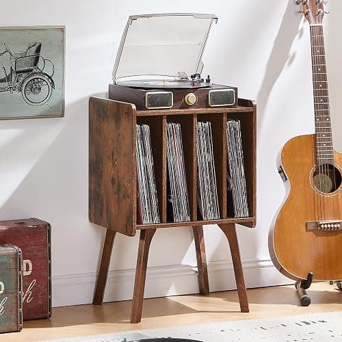 LELELINKY Record Player Stand, Brown Vinyl Record Storage Table, Patented | Mid-Century Modern Turntable Stand with Wood Legs, 4 Cabinets, Up to 100 Albums, Vinyl Holder Shelf for Bedroom Living Room thumbnail 5