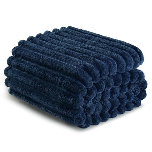 Exclusivo Mezcla Fleece Throw Blanket for Couch, Super Soft Striped Jacquard Bed Blanket, Lightweight Fuzzy Cozy for All Seasons, 50x60 Inches, Navy Blue thumbnail 9