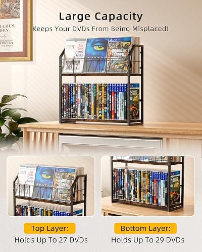 TJ.MOREE 2 Tier 56 Capacity DVD Rack/Storage/Holder and Vinyl Record Storage, Industrial Retro Carbon Steel/Wood, Space Saving Desktop Organizer thumbnail 4