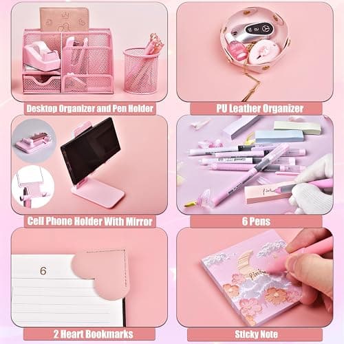 Pink Desk Accessories, 24Pcs Pink Office Supplies and Desk Organizers, with Tape Dispenser, Stapler, Staple Remover, Ect, Gift Box Packaging thumbnail 5