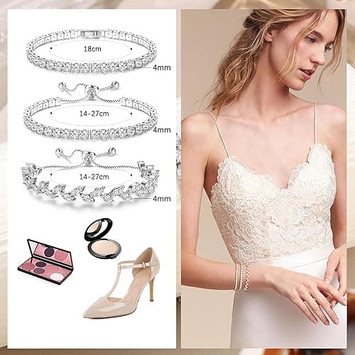 YADOCA Tennis Bracelets For Women - Silver Plated Bracelet Stack Cubic Zirconia CZ Diamond Adjustable Stackable Bracelets Set For Prom Wedding Jewelry Gift 3Pcs thumbnail 4