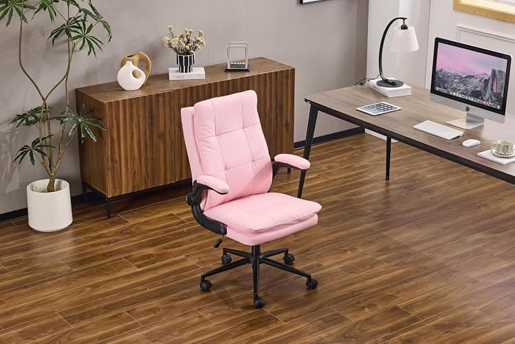 VINGLI Comfy Pink Leather Office Desk Chair,High-Back Ergonomic Computer Small Gaming Chair with/No Wheels,Adjustable Height,Flip-Up Arms,360° Swivel for Vanity,Home Office,Adults,Teen,Girls&Women thumbnail 2