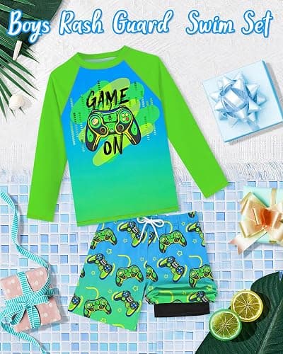 Boys Rash Guard Swim Set with Swim Trunks Bathing Suit Long Sleeve Swim Shirt Quick Dry Swimsuit Kids Swimwear Size 7-16 thumbnail 2