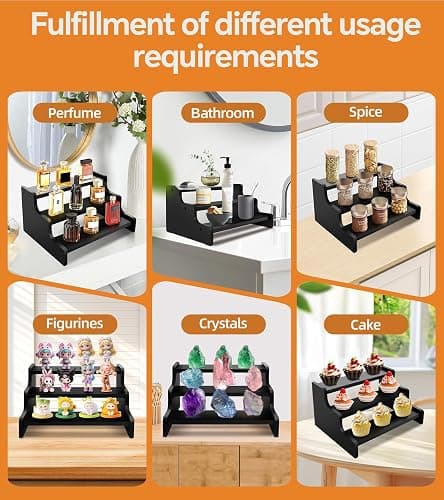 Wooden Cologne Organizer for Men, Perfume Organizer Stand, Cologne Stand with Anti-Slip Washers, Wooden Display Risers Stand for Figures, Fragrances, Dessert, Cupcake, Makeup (Black, 3-tier-9.4in) thumbnail 5