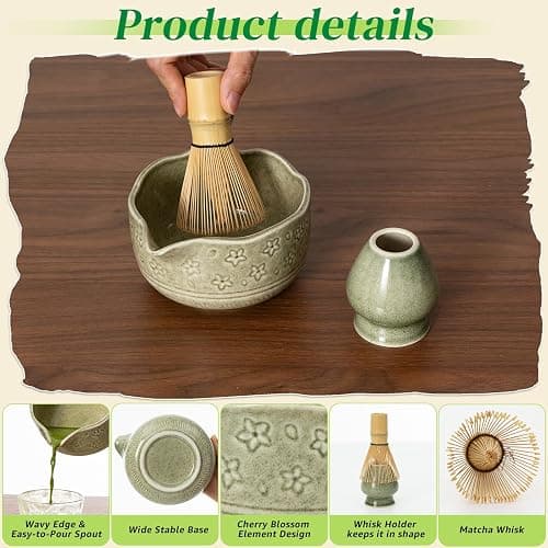 VONATES Matcha Whisk Set, 9 Pcs Matcha Whisk and Bowl Set, Stand, Spoon, Scoop, Holder, Sieve, Tea Towel, Ice Sphere Mold, Complete Starter Kit for Matcha, Tea Ceremony & Matcha Lover Gifts (Green) thumbnail 3