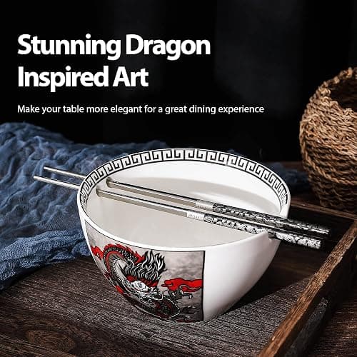 Hagary Dragon Ceramic Bowls Japanese Korean Soup Bowl Pasta Salad Dessert Serving Bowls Housewarming Wedding Gifts Designed in Korea (With Chopsticks) (Black, 20 oz - 1pc) thumbnail 4
