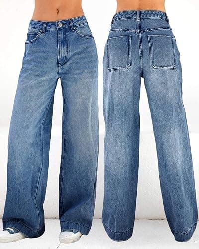 Womens Straight Wide Leg Jeans High Waisted Stretchy Baggy Denim Pants. thumbnail 5