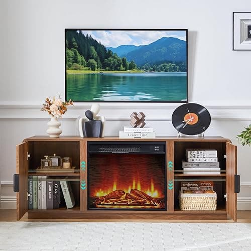 BERRYMERRY 60inch Fireplace TV Stand with 23" Electric Fireplace Heater,Mid Century Modern Fluted Entertainment Center for TVs Up to 75" for Living Room, Bedroom (Brown with Fireplace) thumbnail 3