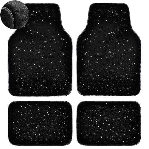 CAR PASS Black Car Floor Mats, Faux Fur Fluffy Carpet Full Set Bling Starry Sky Design Anti-Slip Universal for Girl Cute Women Automotive Cars, SUVs, Trucks, Vans, 4Pcs Black Fuzzy Plush Wool - Image 1