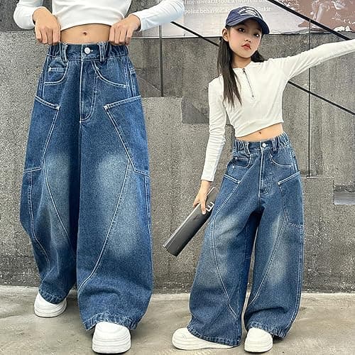 Little Girls Cargo Jeans Teen Baggy Straight Wide Leg Denim Pants High Waist Casual Streetwear Kids Y2k Trousers with Pockets thumbnail 3