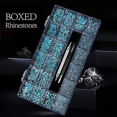 Yzzseven 14 Types of 700 Lake Blue Diamonds + 2100 Flat Rhinestones Mix 20 Styles Flatback DIY Crafts Rhinestone Crystals 3D Ornament‌s Flat Back Stones Set + Tweezers + Drill Pen thumbnail 3