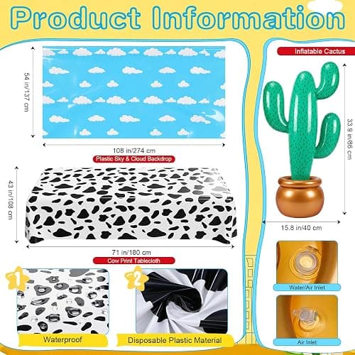 Mindsoft 17 Pcs Halloween Cowboy Trunk or Treat Car Decor Garland Cactus | Cow Print Boxes, Blue Sky White Cloud Backdrop, Inflatable Cactus, Western Garland for SUV Outdoor Birthday Party Decorations thumbnail 4
