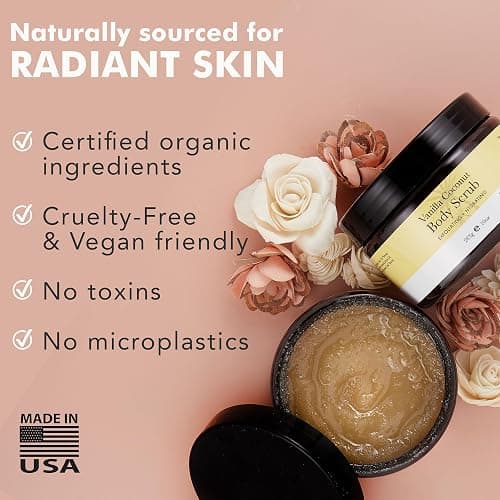 Organic Vanilla Coconut Body Scrub - USA Made Sugar Scrub with Natural Ingredients, Moisturizing Body & Foot Exfoliator for Dry and Sensitive Skin, Removes Dead Skin Cells & Reduces Ingrown Hair thumbnail 5