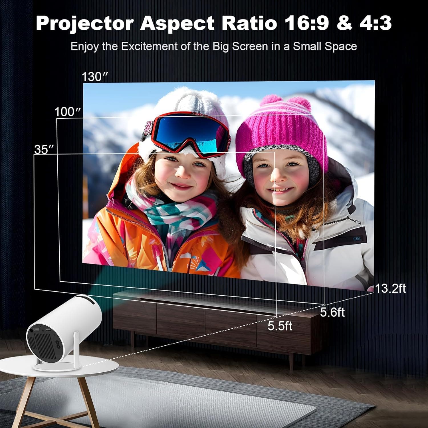 Mini Projector, HY300 PRO Portable Projector, Support 4K 1080P with Dual-Band WIFI6 5G Wireless 5.0 Bluetooth Android 11, 180° Rotatable, Auto Keystone Correction, 35"-130" Screen Video Projector thumbnail 7