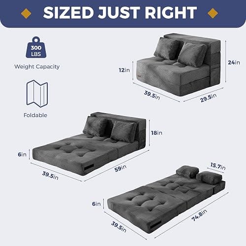 MAXYOYO Convertible Sofa Bed, Fold Out Sofa Couch with Pillow for Adults | Loveseat Sofa 4 in 1 Tufted Folding Couch Bed Foam Floor Couch, Lazy Chair for Living Room Bedroom Guest Room, Dark Grey thumbnail 3