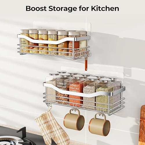 Orimade Shower Caddy Basket Shelf with 5 Hooks Adhesive Organizer Storage Rack Rustproof Wall Mounted Stainless Steel No Drilling for Bathroom, Toilet, Kitchen - 2 Pack thumbnail 2