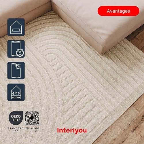Interiyou Tapis Salon à Poils Courts Lecce - 120x170 Crème - Intérieur pour Chambre, Bureau, Couloir - Motif bohème scandinave avec Effet 3D - Design géométrique Plat thumbnail 2