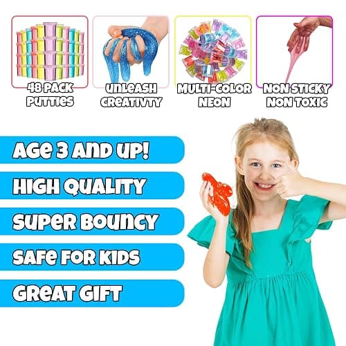 Mini Glitter Putty - (Bulk Pack of 48) Mini Slime for Kids Party Favors in Assorted Neon Rainbow Colors for Birthday Party Favor, Fidget Toys, and Prizes thumbnail 3