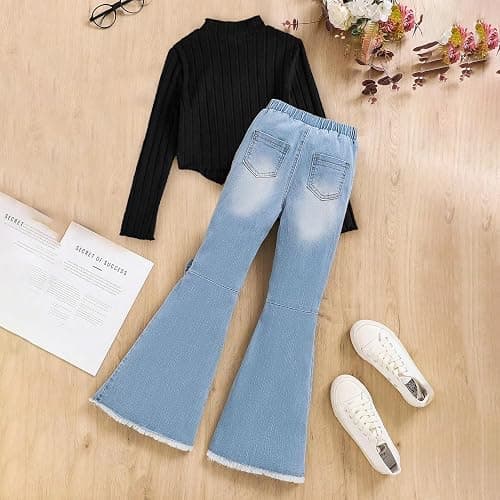 Asbabiy Girl's 2 piece outfit Rib Knit long sleeve top Sweater and Bow Front Flared Leg Jeans Pants Set for 7-13 Years thumbnail 2
