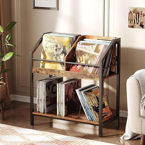 CHOEZON 2-Tier Vinyl Record Storage Holder Rack, 250 LP Albums Display Shelf, Wooden Vinyl Storage Rack with Wire Dividers for Records, CDs, Books, Rustic Brown and Black DTCW07BF - Image 1