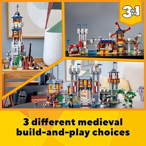 LEGO Creator 3 in 1 Medieval Castle Toy, Transforms from Castle to Tower to Marketplace, Includes Skeleton and Dragon Figure, with 3 Minifigures and Catapult, 31120 thumbnail 3