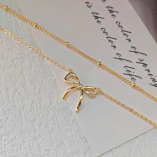 OGD Gold Necklace for Women, Bow Necklace 14K Layered Gold Necklace Dainty Bow Pendant Choker Necklace Trendy Bow Necklace Gold Chain Necklaces for Women Jewelry Gift thumbnail 8