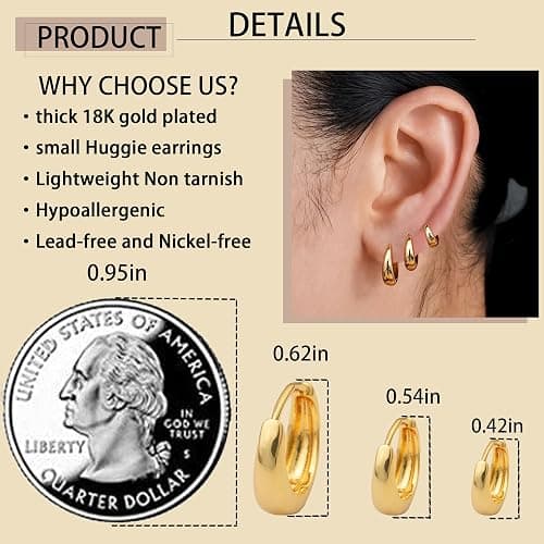 SEJPH 3-Pair Huggie Hoop Earrings 18K Gold Plated, Hypoallergenic Thick Small Layered Set, Stacking Earrings Jewelry Gift for Women thumbnail 2