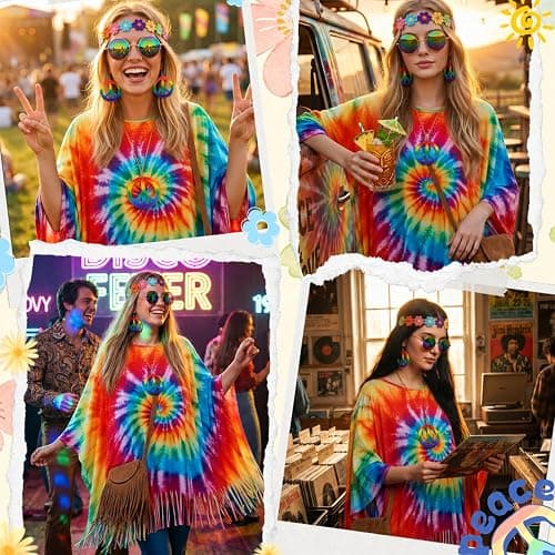 APHBPT 6PCS Hippie Costume for Women - 60s 70s Outfits Tie Dye Poncho with Accessories Set, Hippy Clothes for Halloween thumbnail 6