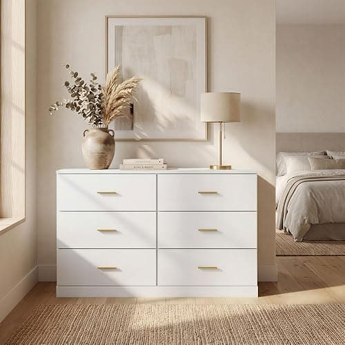 47" Modern White Dresser for Bedroom, 6 Drawer Dresser with Gold Handles | Gabeteros Para Dormitorios Wooden Dresser for Nursery,Kid,Girls Bedroom thumbnail 5