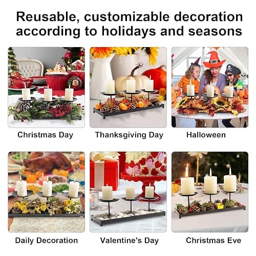 flangairy 3 Pillar Black Metal Candle Holders for Table Centerpiece, Fall Thanksgiving & Halloween Dining Table, Fireplace Mantel Decor, Tray Candlestick for Living Room Rustic Decorations thumbnail 5