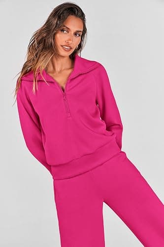 PRETTYGARDEN Women's 2 Piece Outfits Casual Lapel Half Zip Sweatshirts and Wide Leg Pants Tracksuit Sets thumbnail 6