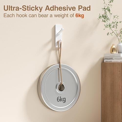 Self Adhesive Wall Hooks for Hanging: 13 LB Strong Hold, Sticky Hangers for Coat, Towels, Purse, Keys, Jacket, Bag - for Wall, Door, Bathroom, Shower, Kitchen - Stainless Metal, White, 4 Pack thumbnail 4