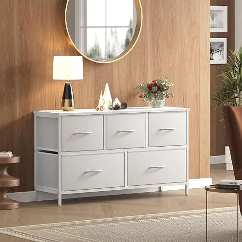 OLIXIS White Dresser for Bedroom, Wide Chest of Drawers for Clothes Storage | Fabric Bedroom Dresser with 5 Drawers, Storage Organizer Unit with Fabric Bins, Wooden Top, Living Room thumbnail 2
