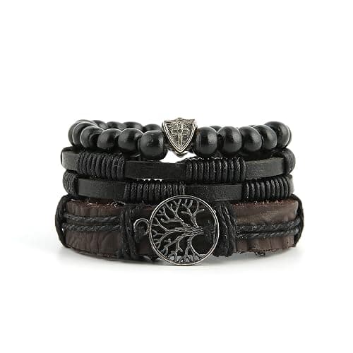 HZMAN Genuine Leather Tree of life Bracelets Men Women, Tiger Eye Natural Stone Lava Rock Beads Ethnic Tribal Elastic Bracelets Wristbands thumbnail 4