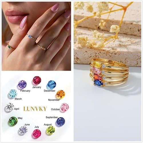 Lunvky 14k Gold Plated Birthstone Rings for Women Dainty Stackable Rings Non Tarnish Thumb CZ Emerald Green Gemstone Ring Cute Jewelry Birthday Valentine Gift for Mother Daughter Band Size 6-11 thumbnail 3