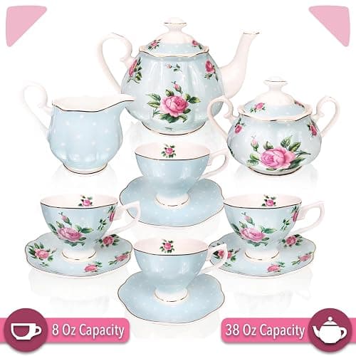 BTaT- Floral Tea Sets for Adults, 13 pcs, Service for 4, Pot (38 oz) & Cups (8 oz) with Saucers, Pastel Blue Floral Design, Porcelain Tea Set for Adult, Dishwasher Safe, Mothers Day Gift thumbnail 4
