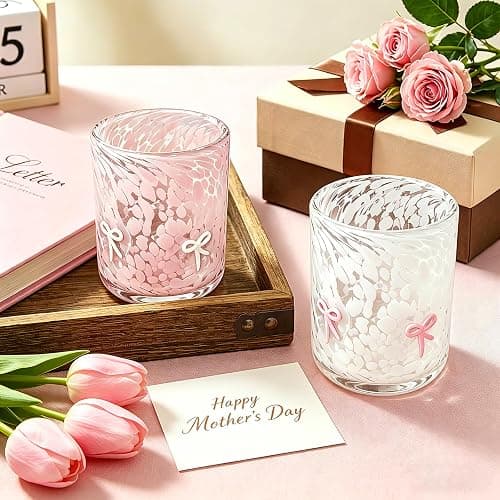 YinNorth 2 Pcs Bow Icon Juice Glass 14oz Coquette Pink White Bow Drinking Cocktails Glasses Cute Stemless Wine Glasses Handblown Old Fashioned Cups Best Gift for Her Mom Sister Friend Birthday Party thumbnail 9