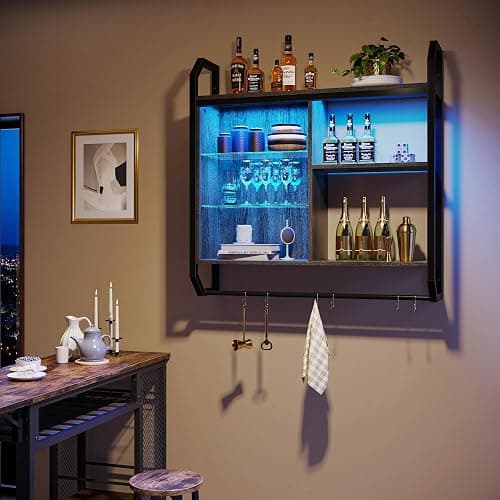 Bestier Gaming Floating Shelves, 34" LED Wall Mounted Shelf with Adjustable Glass Shelf, Pipe Shelves Hanging Display Rack Bookshelf with 6 S-Hook, Gaming Room Decor Wine Coffee Bar Black thumbnail 7