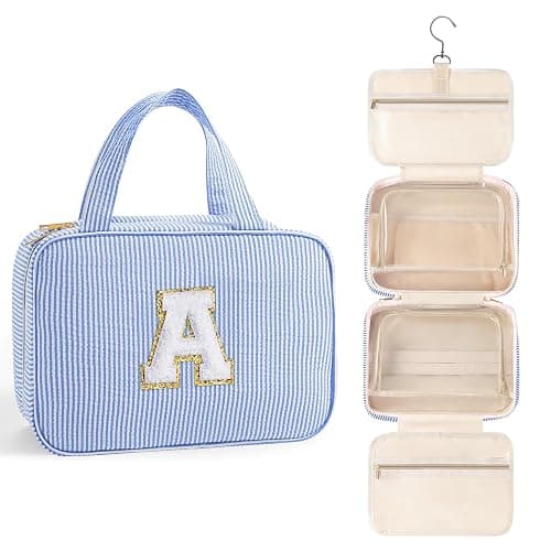 TOPEAST Travel Hanging Toiletry Bag Initial Makeup Bag for Women Teen Girls - Birthday Gifts for Women Teen Girls, Gifts for Daughter Sister Friends Mom Her - Letter A, Blue - Image 1