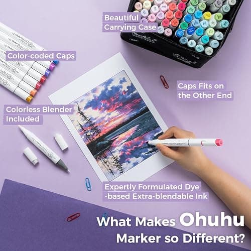 Ohuhu Alcohol Markers 104 Colors Brush& Fine for Artist Adult Cozy Coloring | AP Certified Refillable Art Marker Set, Dual Tips Alcohol-based for Beginners Drawing Illustration Sketching, Honolulu B thumbnail 6