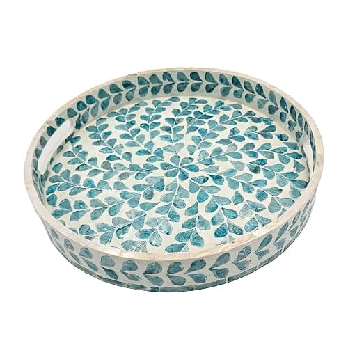 PEMAR 12.6” Mother of Pearl Round Serving Tray with Handles, Decorative Nacred Wooden Ottoman Coffee Table Tray (Teal Floral Pattern) - Image 1