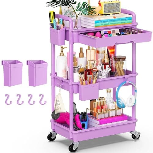 Goovilla 3 Tier Rolling Utility Cart Organizer with Removable Drawer, Stable and Sturdy Purple Rolling Storage Carts with 2 Lockable Wheels for Bathroom, Kitchen, Snack, Craft, Makeup, Baby Essentials - Image 1
