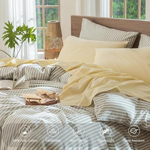 MooMee Bedding Sheet Set 100% Washed Cotton Linen Like Textured Breathable Durable Soft Comfy (Heathered Butter Yellow, Full) thumbnail 4