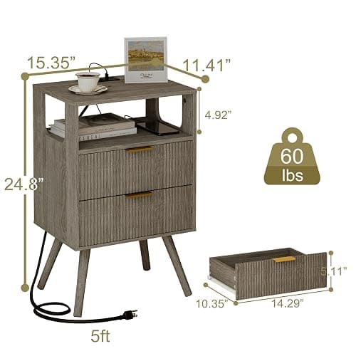 JOONEE Nightstand with Charging Station and LED Lights,Modern Bedside Table with 2 Storage Drawer and Open Wood Shelf, for Bedroom and Small Spaces,Night Stand with Solid Wood Legs,GreyOak thumbnail 2