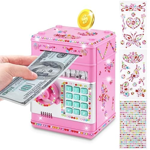 Piggy Bank for Kids Girls Boys with Password Code Lock Cash Coin Can Piggy Bank Girls Electronic Money Safe Bank for Kids Money Box with DIY Diamond Sticker Gift for 4 7 8 9 10 11 Year Old Boys - Image 1