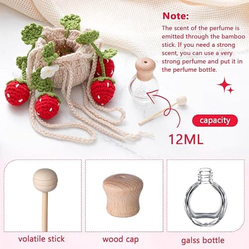 DaisyInner Cute Crochet Plant Car Freshener 12ml Empty Refillable Diffuser Bottle with Plants Hanging Accessories for Rearview Mirror Home Office Decor Women Christmas Gifts(Strawberry) thumbnail 3