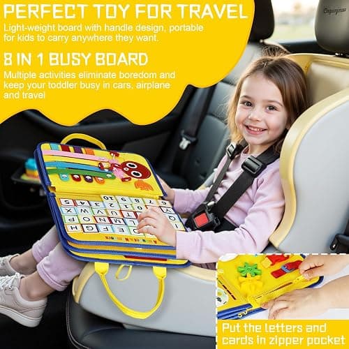 Esjay Toddler Busy Board Montessori Toys for Boys Girls, Sensory Board Educational Activities for Learning Fine Motor Skills, Birthday Gifts for Toddlers, Travel Toys for Airplane Car, Yellow Truck thumbnail 5