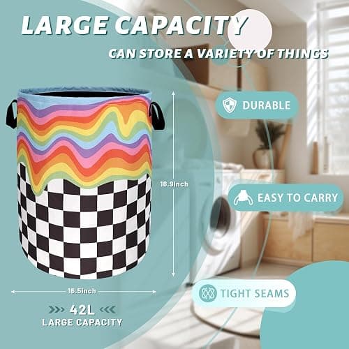 Rainbow Plaid Laundry Hamper Foldable Oxford Cloth Basket 18.9x16.5 | Colorful Laundry Basket Foldable Tote Bag Personalise Clothes Toy Storage Bucket18.9" x 16.5"For Bathroom/Laundry/Bedroom thumbnail 3
