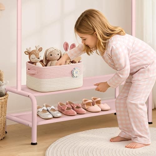 mirolam Kids Clothing Rack - Dress Up Storage - Dress Up Rack for Little Girls - Small Kids Costume Wardrobe with 2 Fabric Shelves - Princess Room Bedroom Decor thumbnail 5