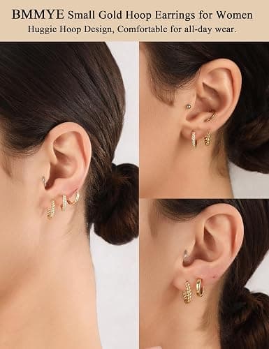 BMMYE Gold Huggie Hoop Earrings for Women Hypoallergenic 14K Gold Plated Mini Hoops Earrings Set for Multiple Piercing Lightweight Small Hoop Earrings Stack Jewelry for Gifts thumbnail 7